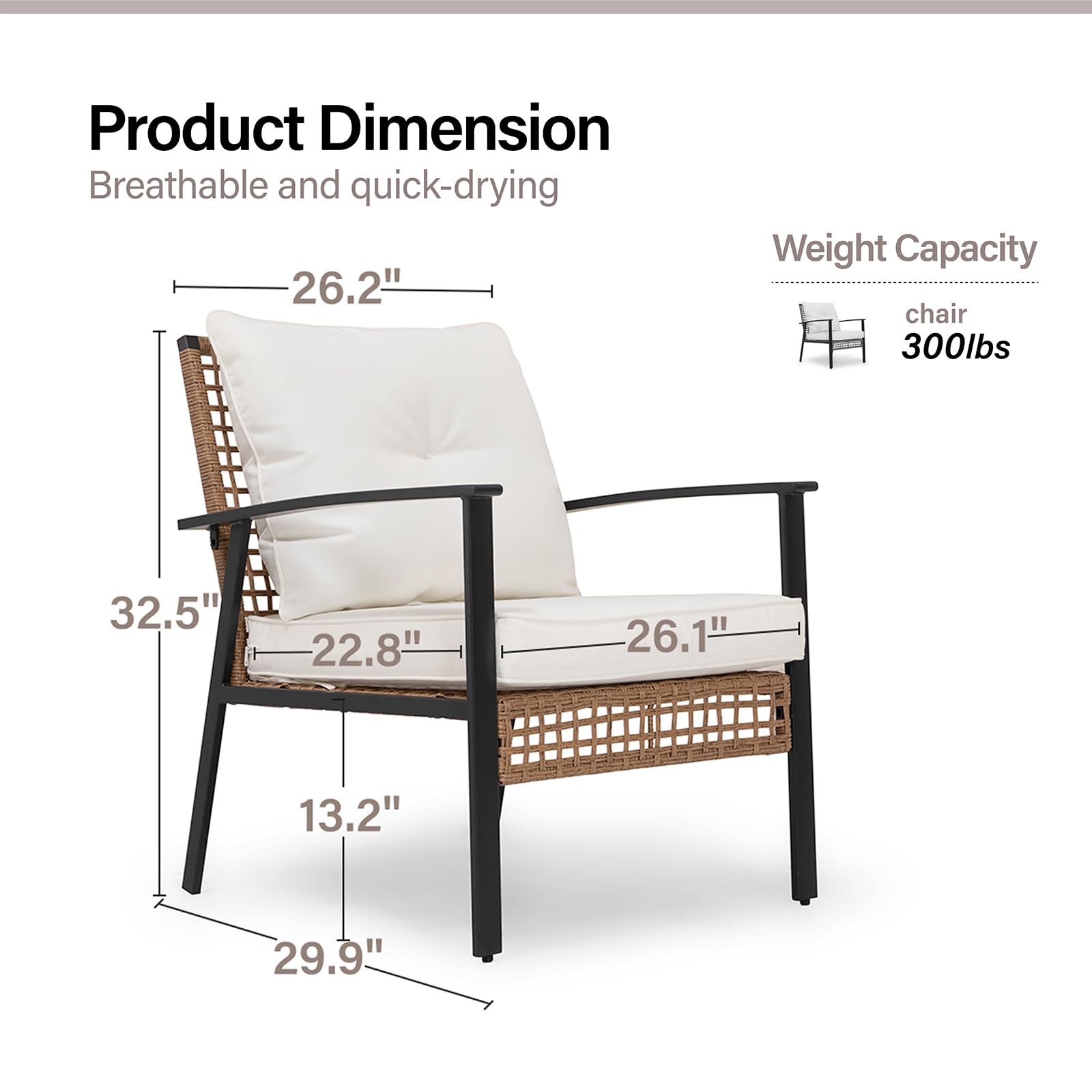 LAUSAINT HOME Outdoor Wicker Chair, Patio PE Rattan Chair with Beige Cushions, 2 PCS