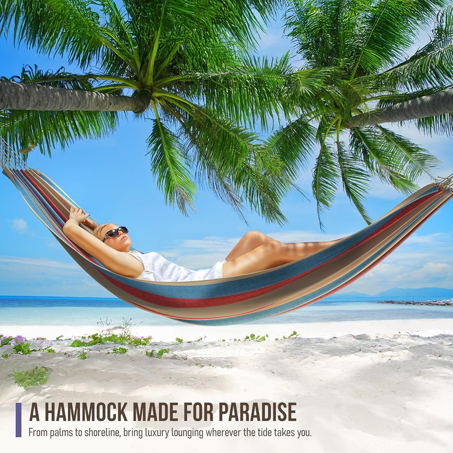 Brazilian Double Hammock - Extra-Long Two Person Portable Hammock Bed for Indoor or Outdoor Spaces - Hanging Rope, Carrying Pouch Included (Blue/Sand/Purple/Red Stripes)