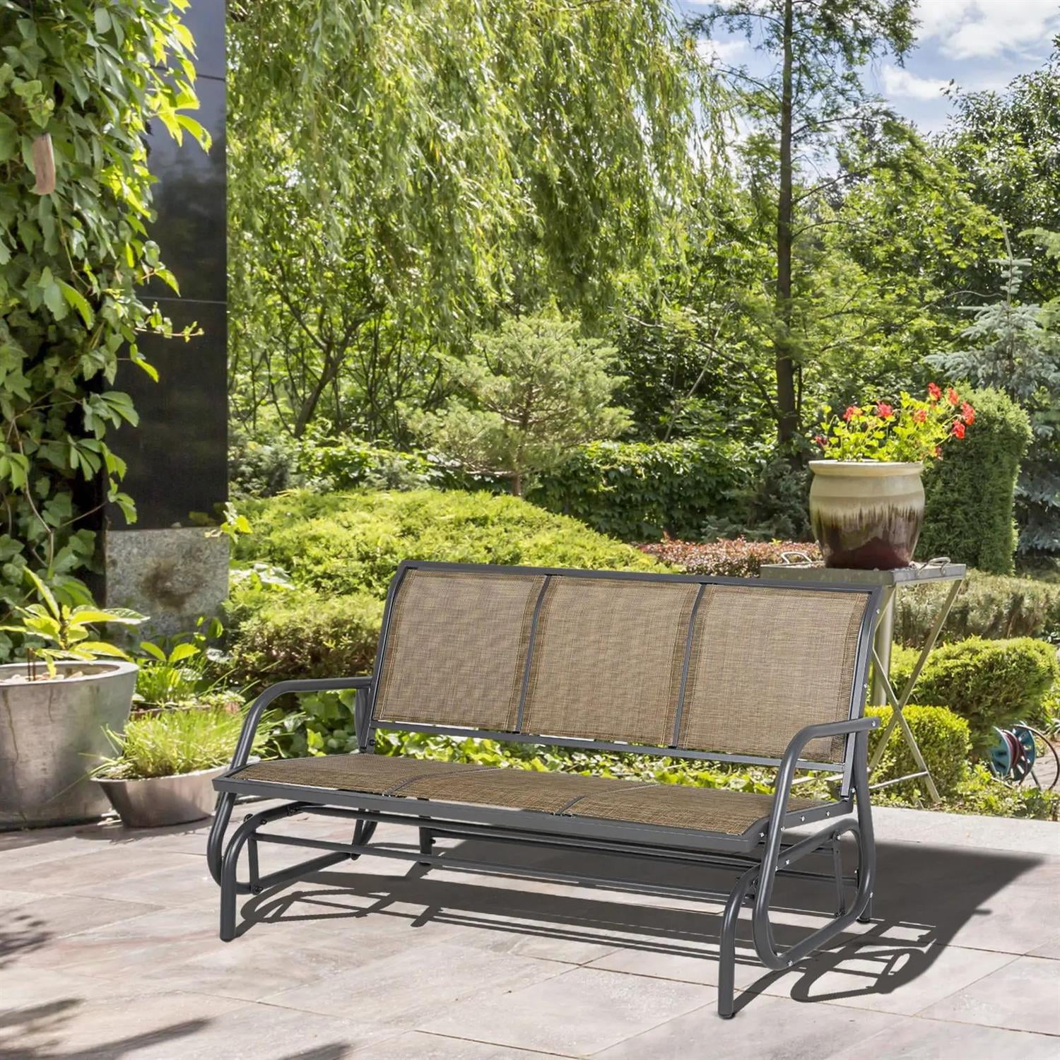 Demi Bonn 3-Person Outdoor Patio Glider Bench, Porch Glider Swing with 3 Seats, Breathable Mesh Fabric, Metal Frame, Outdoor Glider Chairs for Porch, Balcony, Poolside, Brown