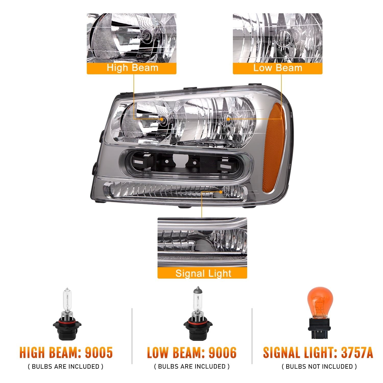 For 02-09 Chevrolet Trailblazer Chrome Housing Replacement Headlight Lamps SET