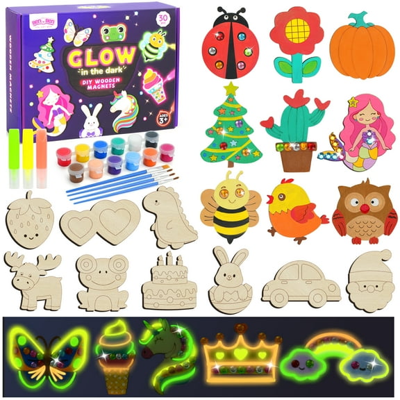 BenBen DIY Wooden Magnets, Glow in The Dark, Wood Arts & Crafts Painting Kit for Kids Girls Boys