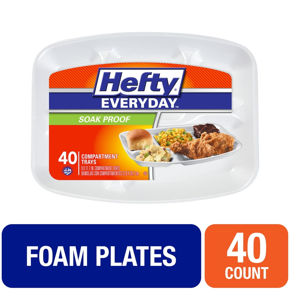 Hefty Rectangular Foam Compartment Party Plates, 40 Count