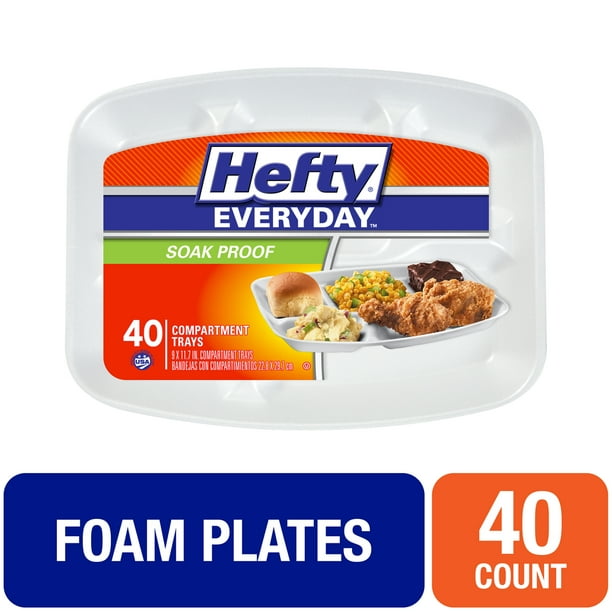 Hefty Rectangular Foam Compartment Party Plates, 40 Count