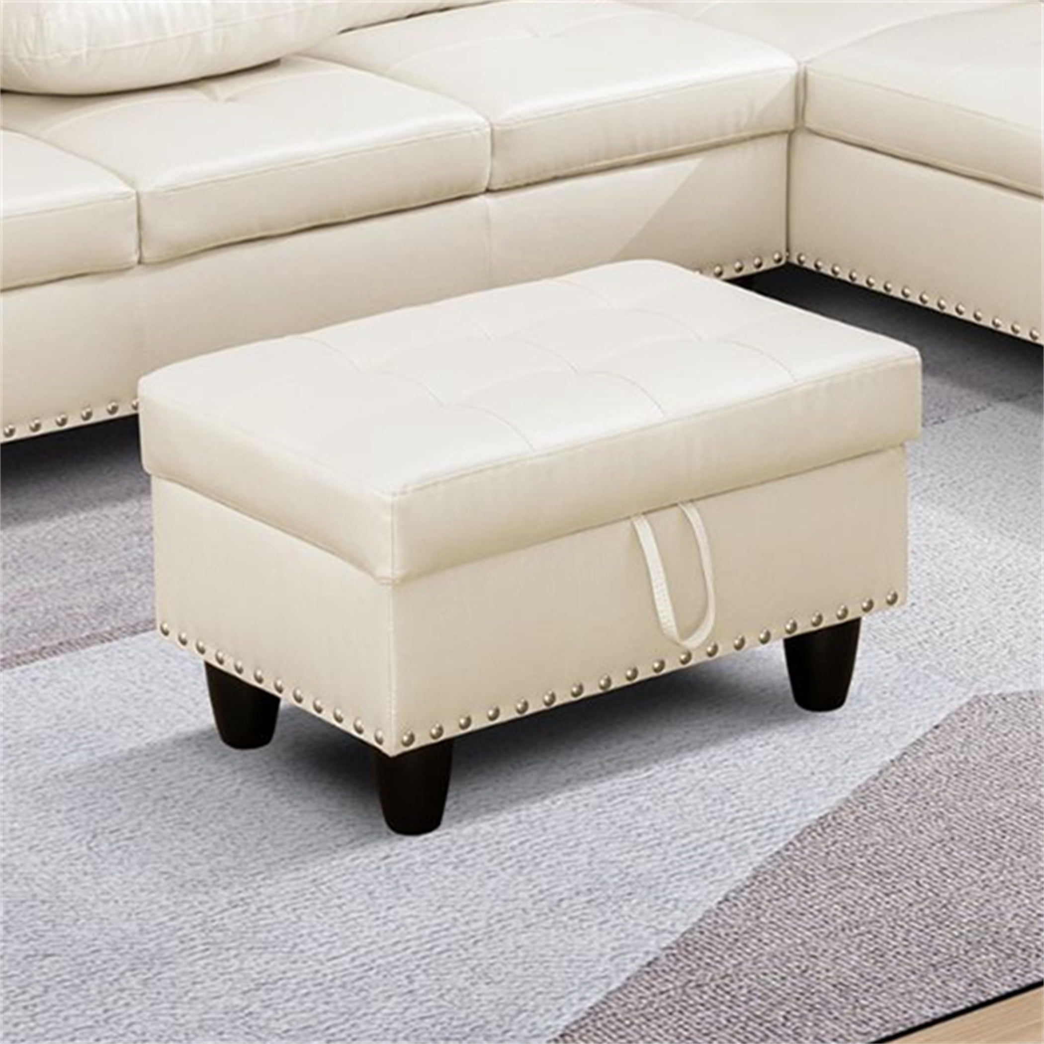 Aukfa 29" Storage Ottoman Bench for Sectional Sofa for Home Office, Nailhead Trim&Lift Top, Leather, White