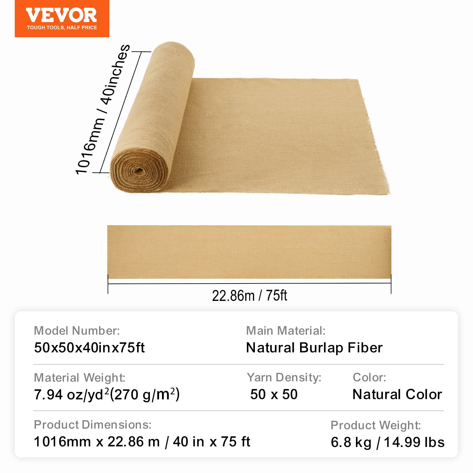 VEVOR Burlap Fabric Roll, 40” x 75 ft & 50 x 50 High Density Wide Natural Burlap Fabric Rolls, Jute Fabric Burlap Tree Wrap Roll, for Decor, Crafts, Wedding, Plant & Tree Winter Covering