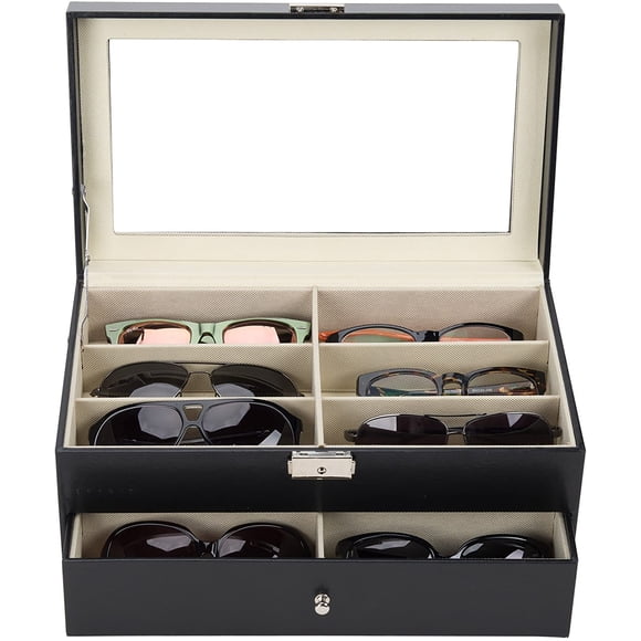 CO-Z 12 Slot Sunglasses Organizer Case for Women Men, Multiple Eyeglasses Eyewear Display Case, Leather Multi Sunglasses Jewelry Collection Holder with Drawer, Sunglass Glasses Storage Box
