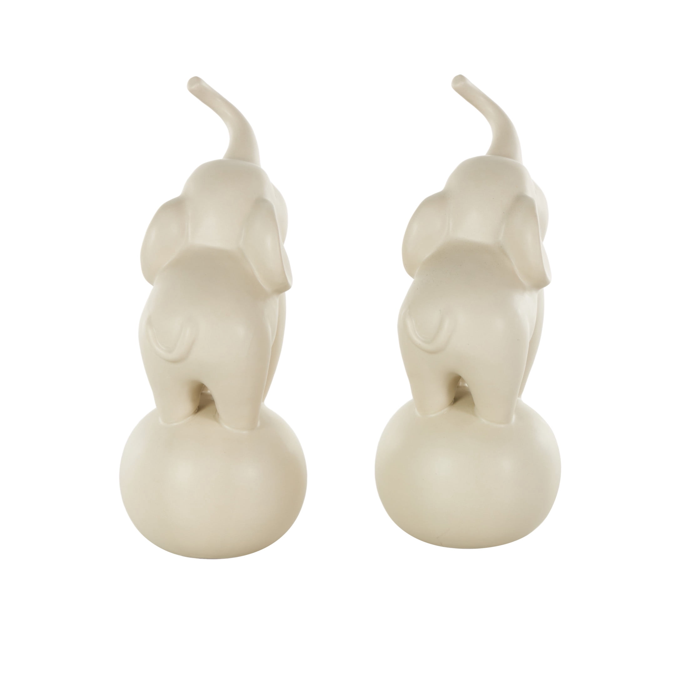 6"W, 11"H White Ceramic Trumpeting Elephant Sculpture with Round Base, by DecMode (2 Count)