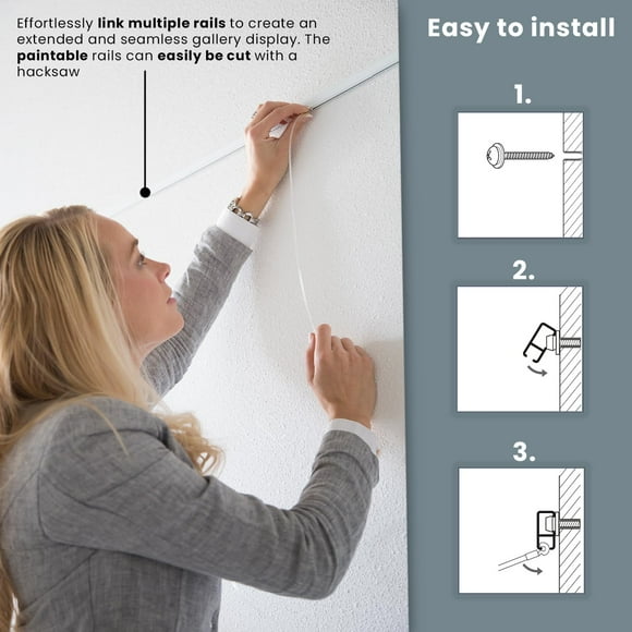 STAS Cliprail Pro Picture Hanging System Set White - Covers 4.92 ft of Wall Space - Heavy Duty Picture Rail & Art Hanging Gallery Kit Without Nails - for Home or Museum (Includes 2 Hooks & Cords)