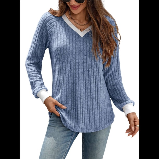 Camisas de Larga con Cuello en V y Bloques de Color para Mujer: Suéteres Túnica Ligeros Informales de Otoño, Conjuntos de Moda. Azul Colorido XXL