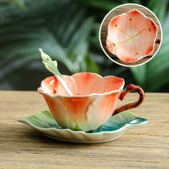 Elegant 3pcs Ceramic Tea Set with Spoon, Cup And Saucer - Colourful Floral Pattern, BPA Free, Leak Proof, Suitable for Home Or Restaurant Hand Painted Cups