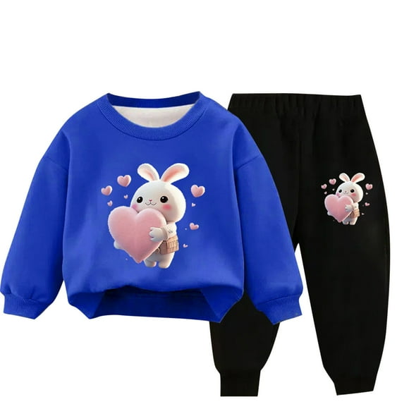 Zwiiyzr 2025 3-10Y Toddler Baby Boy Girl Clothes Warm Fleece Lined Rabbit Print Long Sleeve Sweatshirt Tops and Pants Winter Fall Clothing Set Blue
