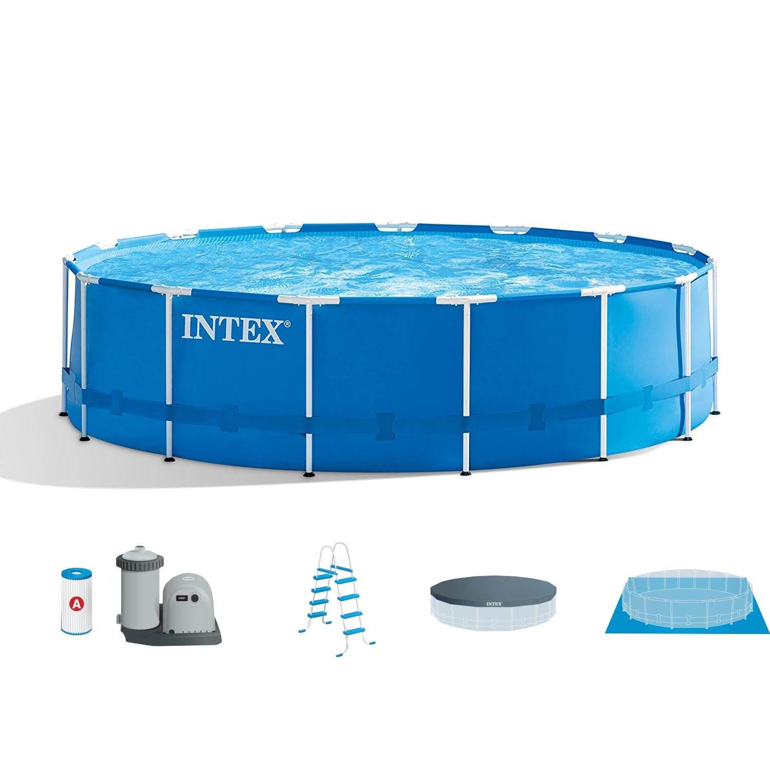 Intex 15ft x 48in Metal Frame Above Ground Swimming Pool Set & 15ft Pool Cover