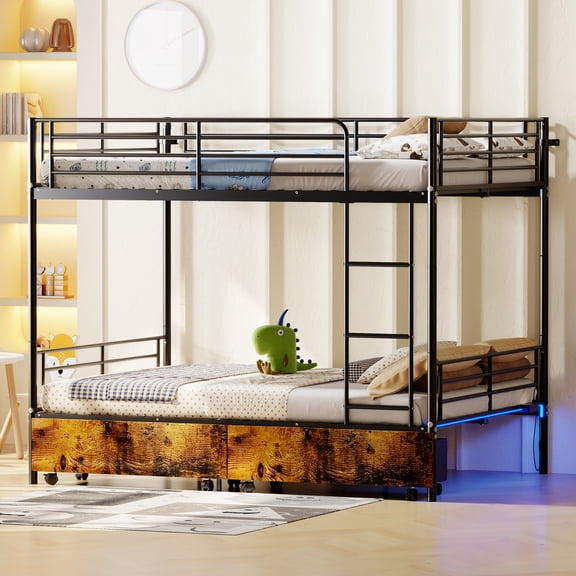 MAYEERTY Full Over Full Metal Bunk Bed, Heavy Duty Frame with LED Lights, USB Ports and Storage Drawer for Kids Adults Room, Black