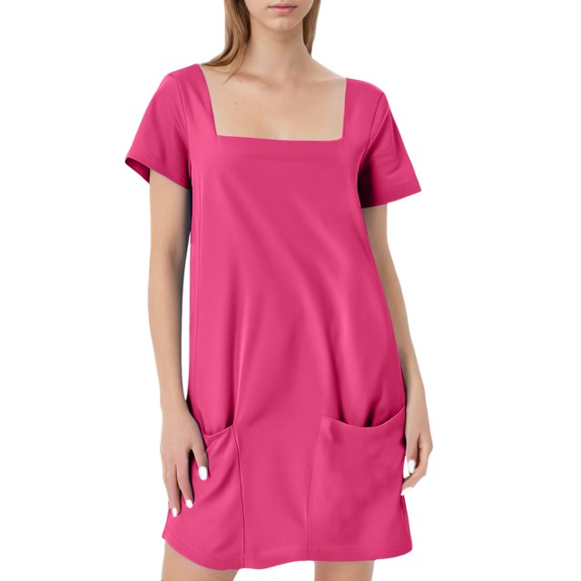 Womens Solid Color Casual Summer Square Neck Short Sleeve Mini Dresses With Pockets