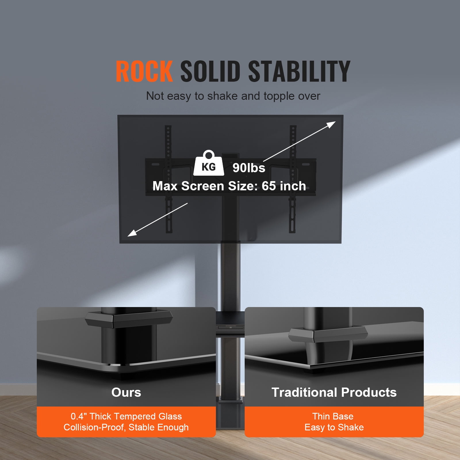KFFKFF Television Stand Mount, Rotating Elevated TV Stand suitable for 32 to 65 inch Televisions, Alterable Height Mobile TV Stand with Hardened Glass Foundation for Bedroom, Living Area