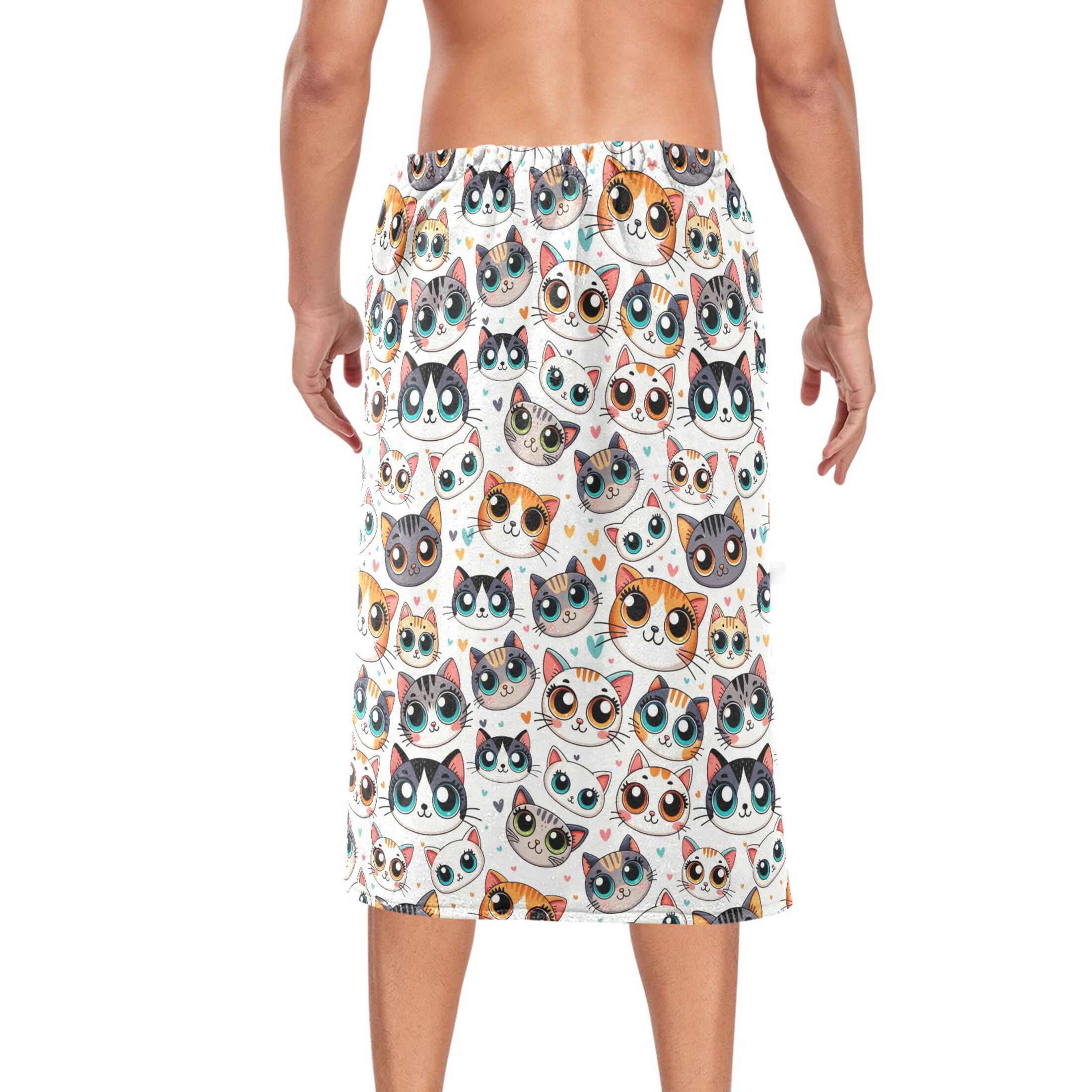 Mens Shower Wrap Adjustable Bath Wrap Towel Body Towels for Gym Shower Sauna Spa Cartoon Cat Face with Big Eye 60x28