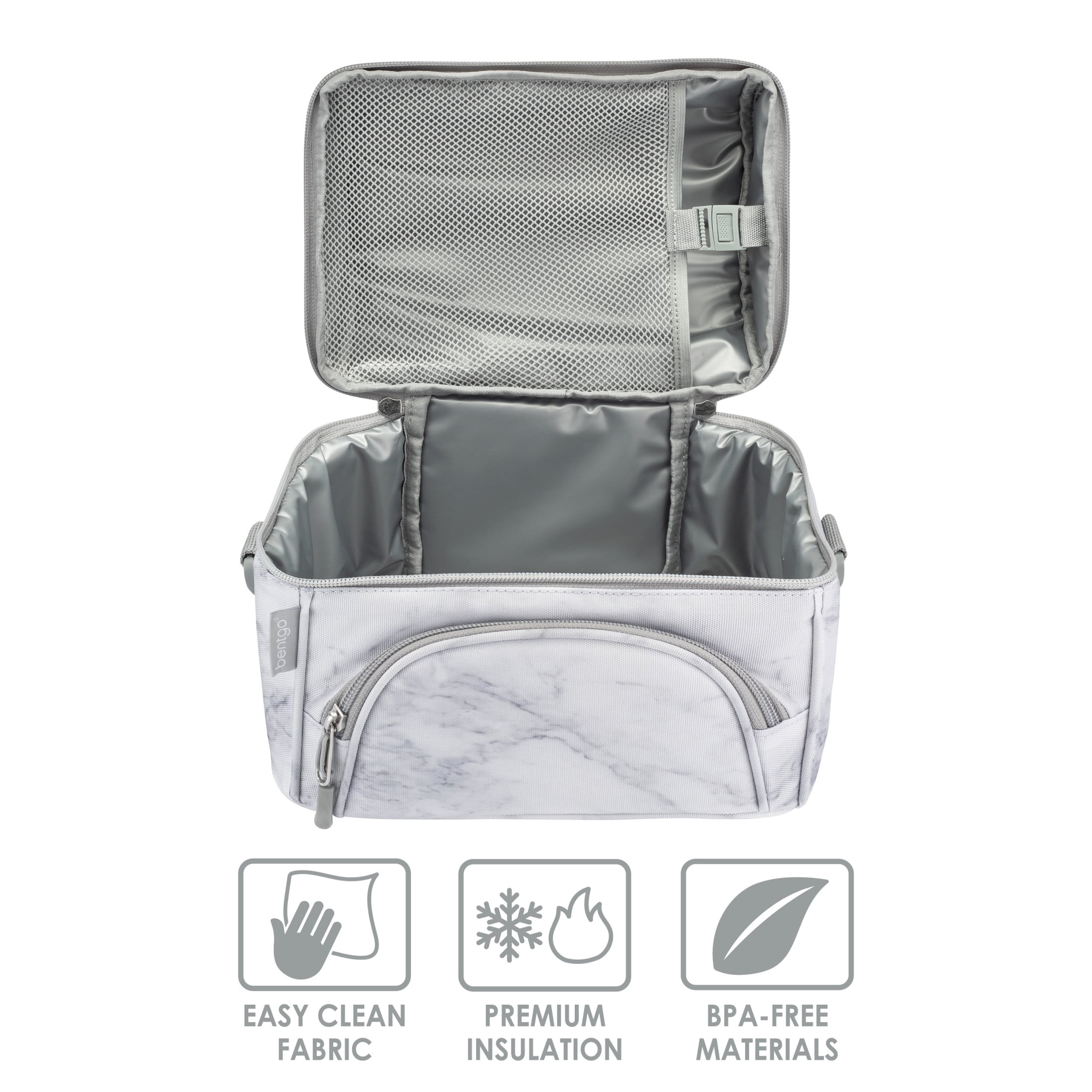 Bentgo Deluxe Lunch Bag - Durable and Insulated Lunch Tote with Zippered Outer Pocket, Internal Mesh Pocket, Padded & Adjustable Straps, & 2-Way Zippers - Fits Most Bentgo Lunch Boxes (White Marble)