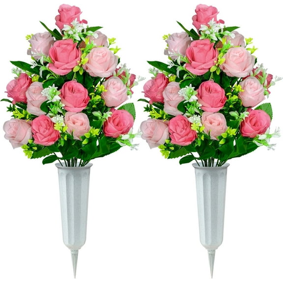 Artificial Cemetery Flowers, Set of 2 Artificial Rose Bouquet Graveyard Memorial Flowers with Vase for Cemetery Headstones Decoration (Pink-2Pcs)