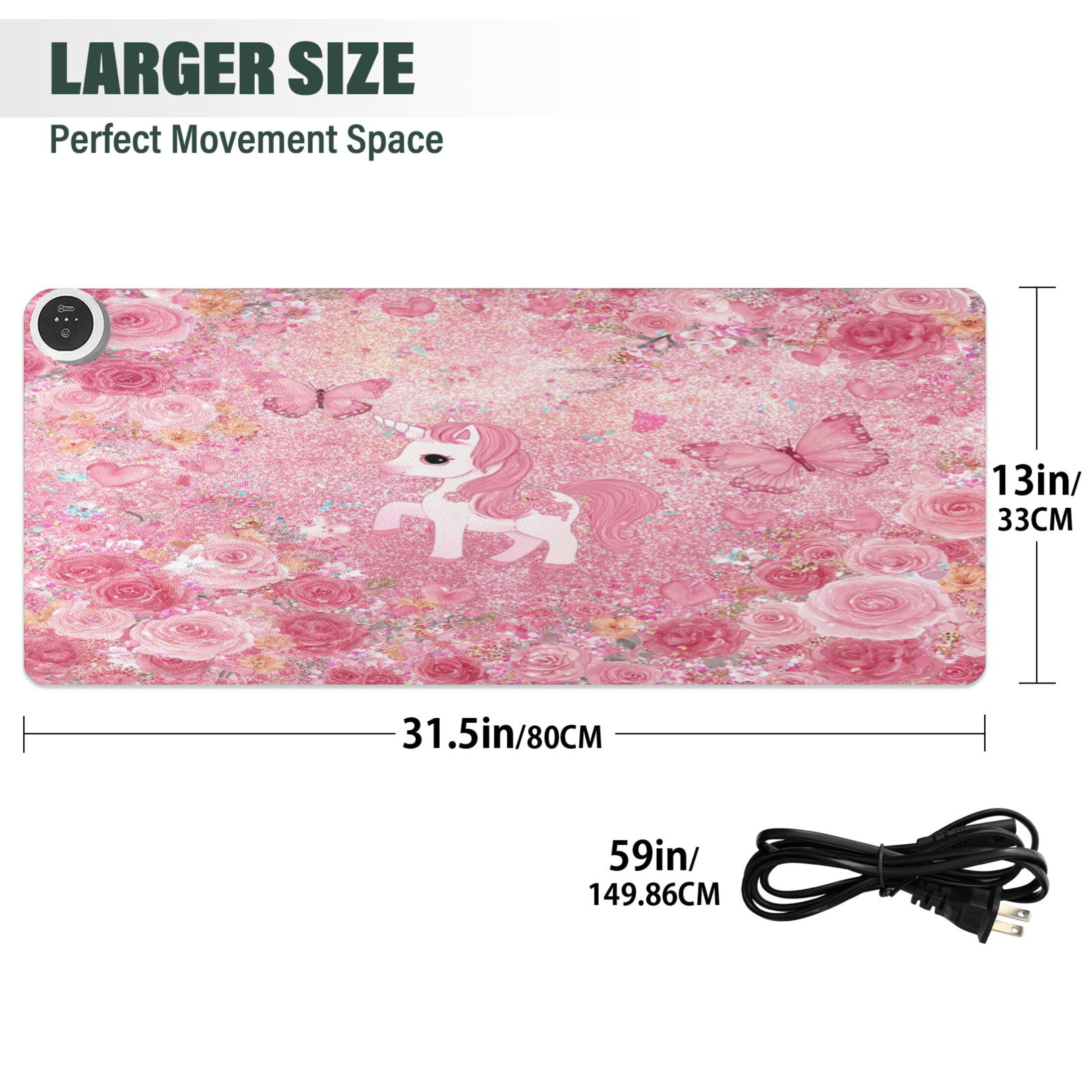 Large Heated Desk Mat Mouse Pad 31.5"x13"PU Leather Graphene Heating Desk Warmer with 3 Temperature Settings 110V US Plug Non-Slip Warm Pad for Home, Office, and Gaming Glitter Unicorn Rose Paradise