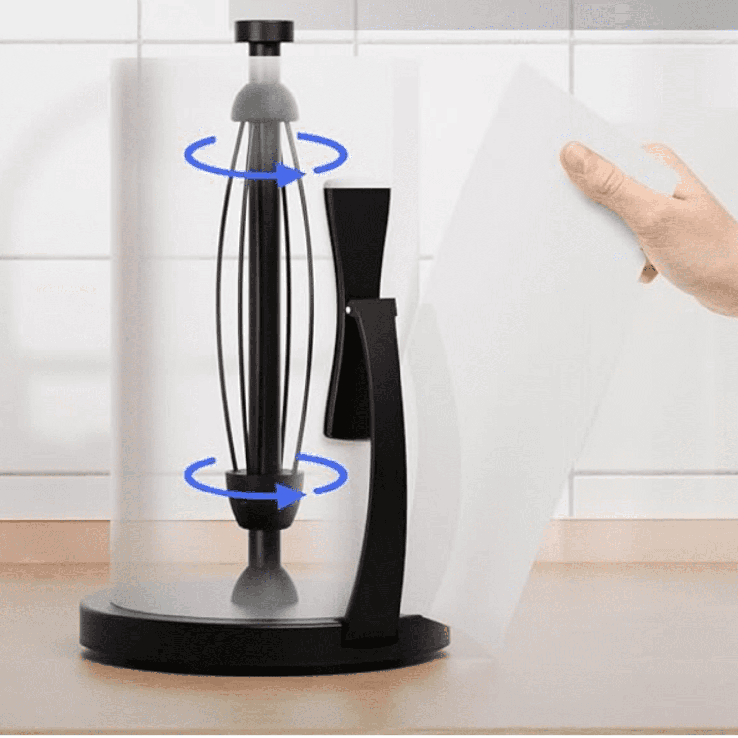 Paper Towel Holder Countertop, Black Paper Towel Holder with Spring Activated Arm and Damping Effect, Simply Tear Paper Towel Stand for Bathroom and Kitchen (Black)
