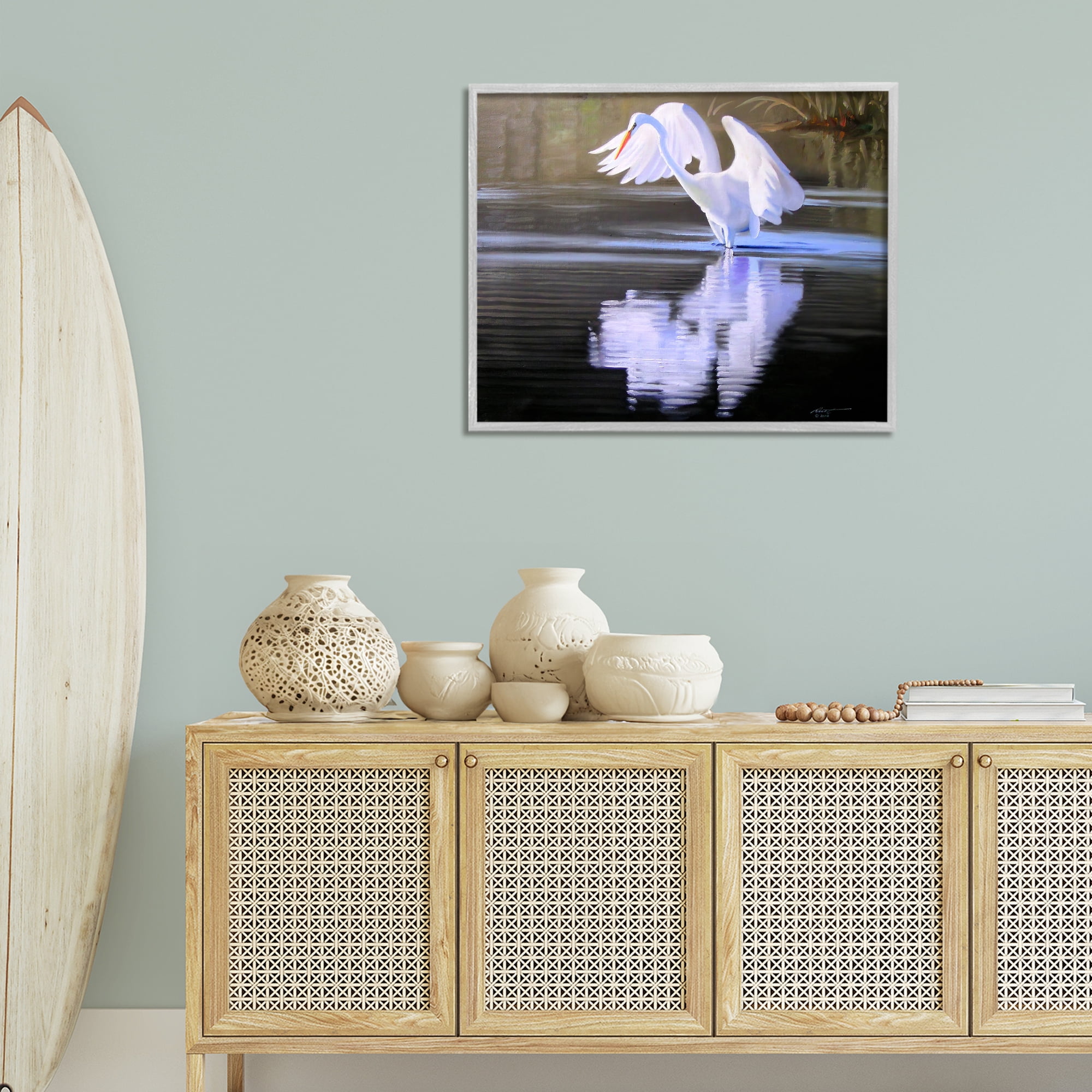 Stupell Industries Egret with Water Ripples Animals & Insects Painting Gray Framed Art Print Wall Art, 30 x 24