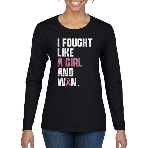 Wild Bobby I Fought Like A Girl and Won Breast Cancer Awareness Women Graphic Long Sleeve Tee, Black, Small