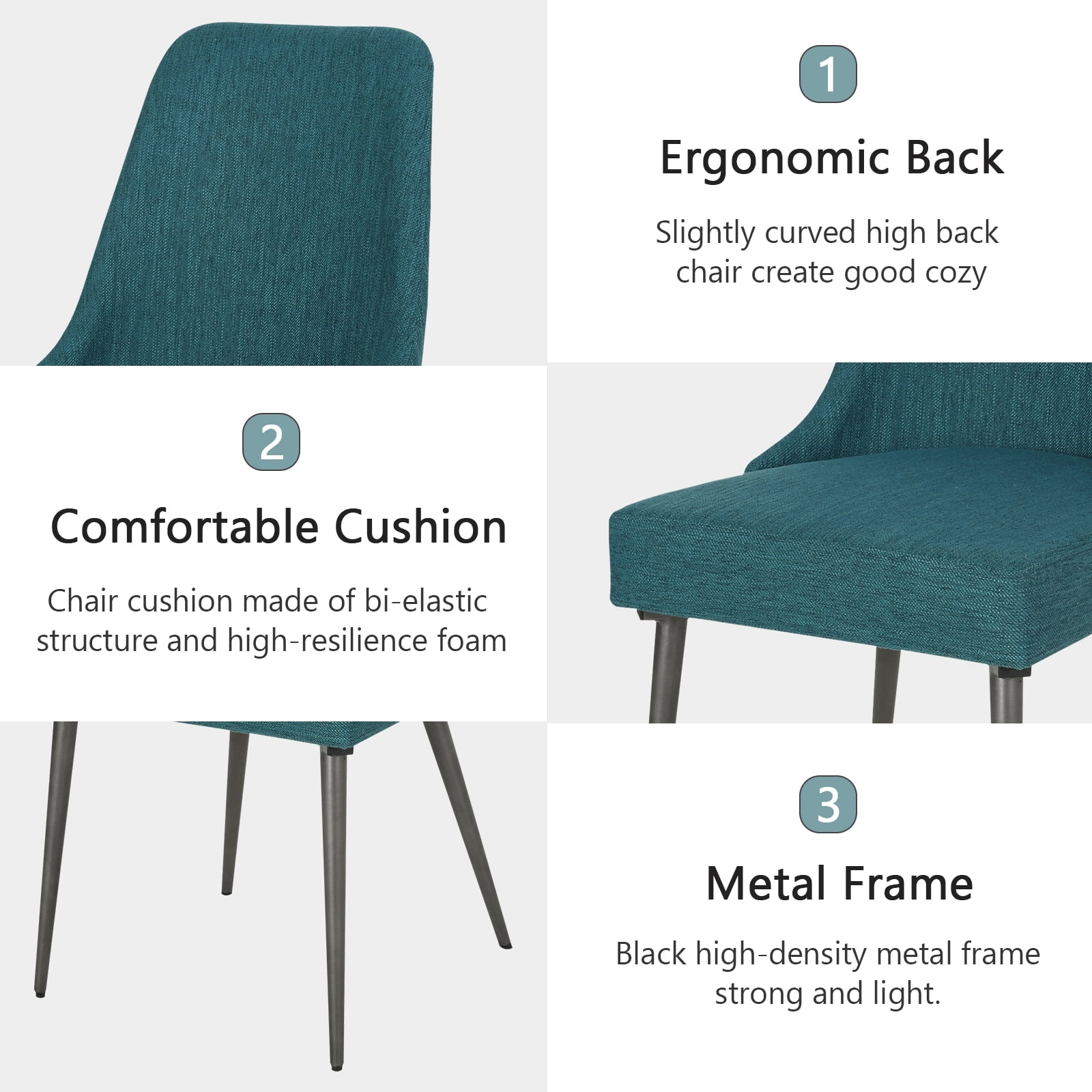 Kadyn Upholstered Kitchen Chair with Metal Legs, Modern Dinner Chairs Set of 2, Dining Chairs for Home, Kitchen, Living Room, Teal