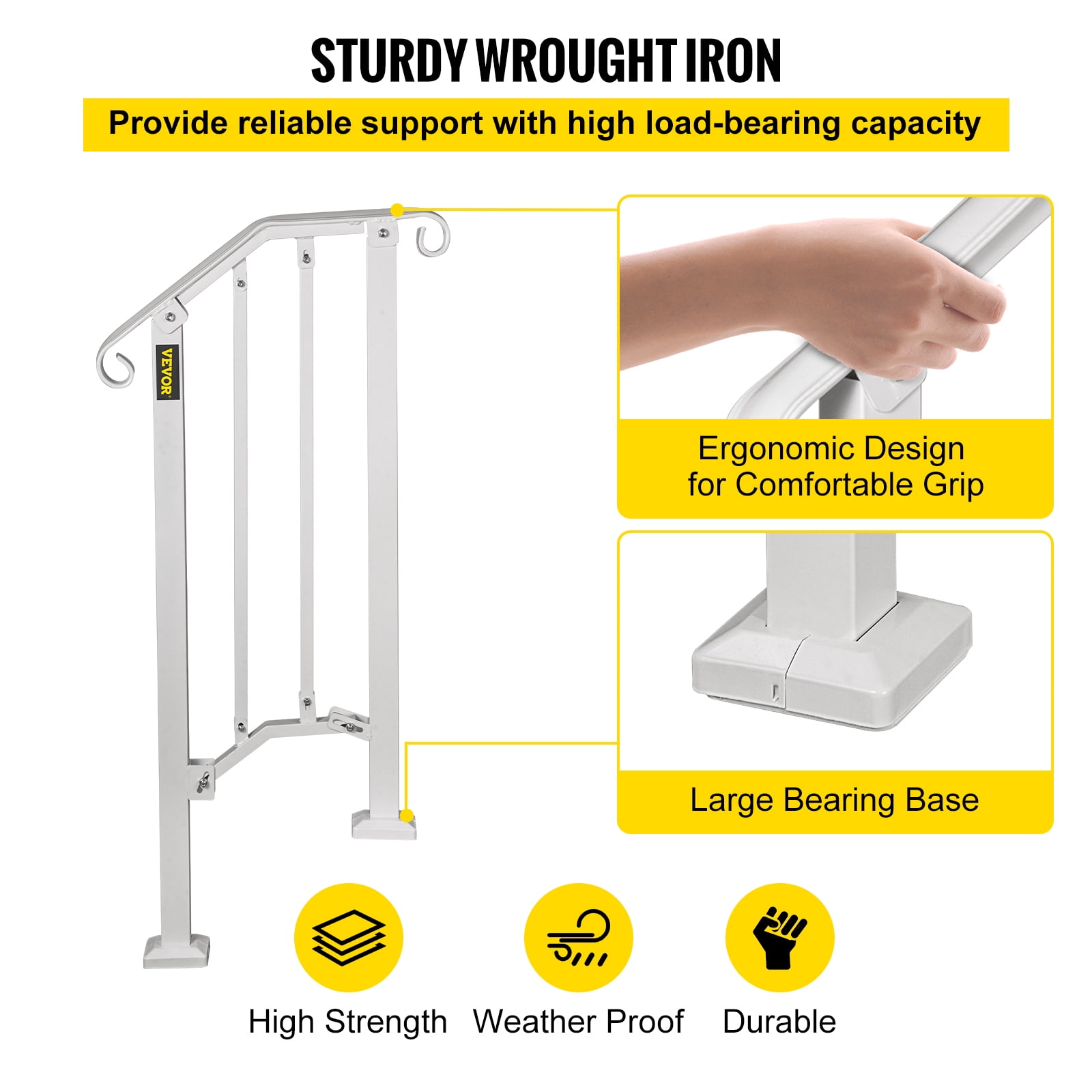 VEVORbrand Handrail for Stairs Outdoor Step Handrail Picket 1 Fits 1 or 2 Steps Rail Height adjustable Wrought Iron Handrail, Matte White