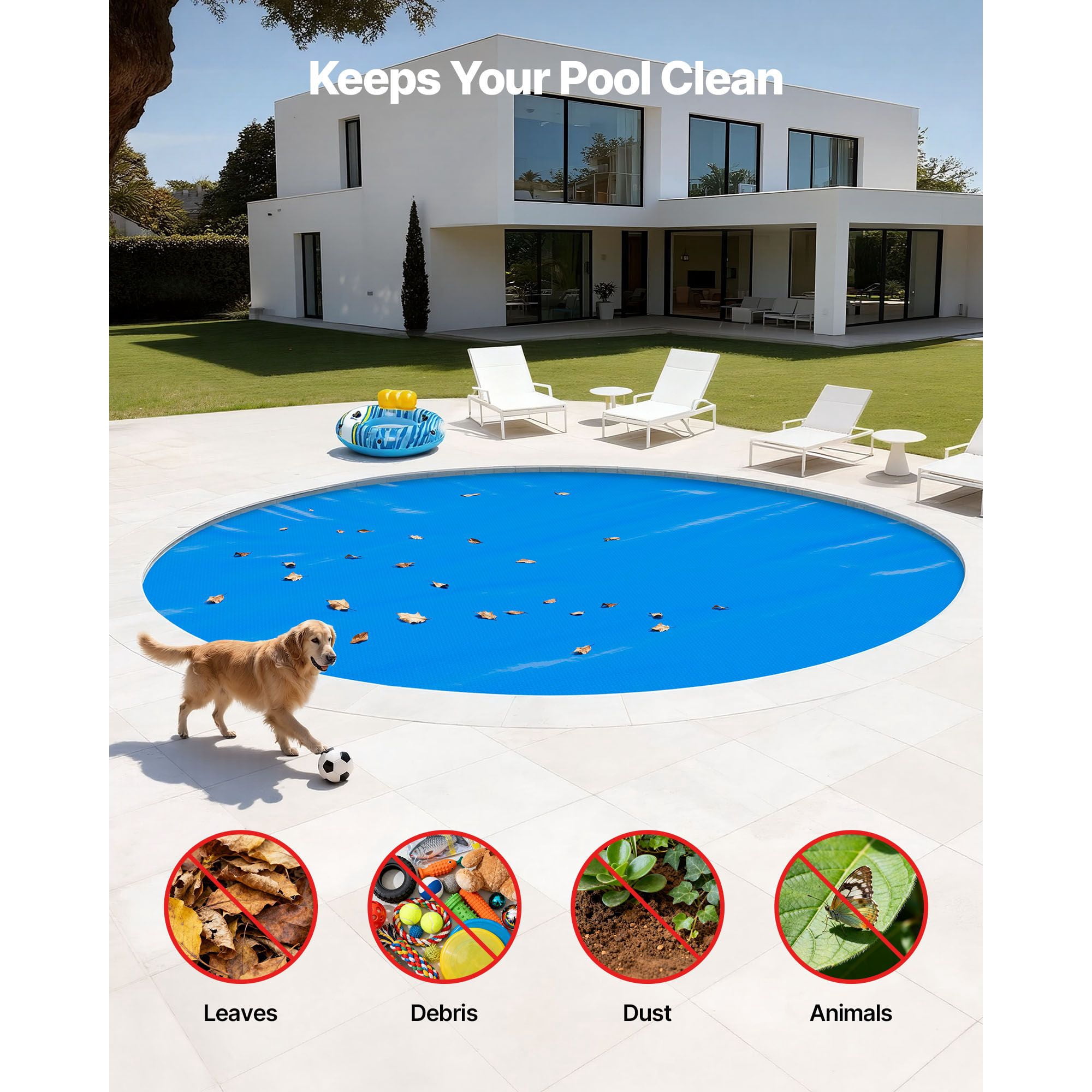 Solar Pool Cover, 33 ft Round Pool Bubble Cover, 8 Mil Pools Solar Blanket with Bubble & PE Material, Daytime Heat Absorption, Nighttime Heat Retention, Heat Retaining Solars Covers, Blue