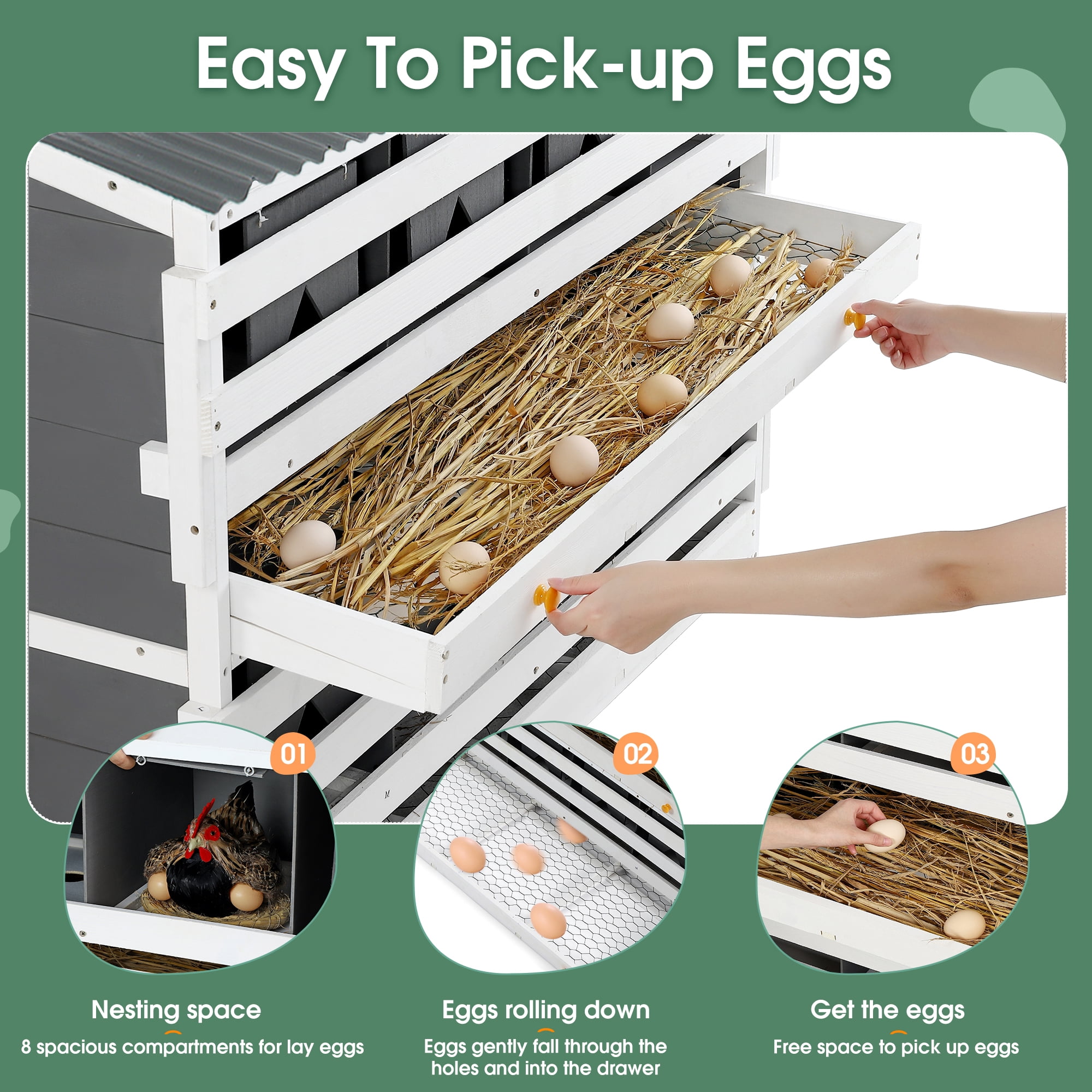 Wooden Chicken Nesting Box, 8 Compartments Egg Laying Boxes for Hens, Ducks and Poultry with Rollout Eggs Collection, PVC Roofing and Foldable Perches, 47"Lx26.4"Wx35.4"H