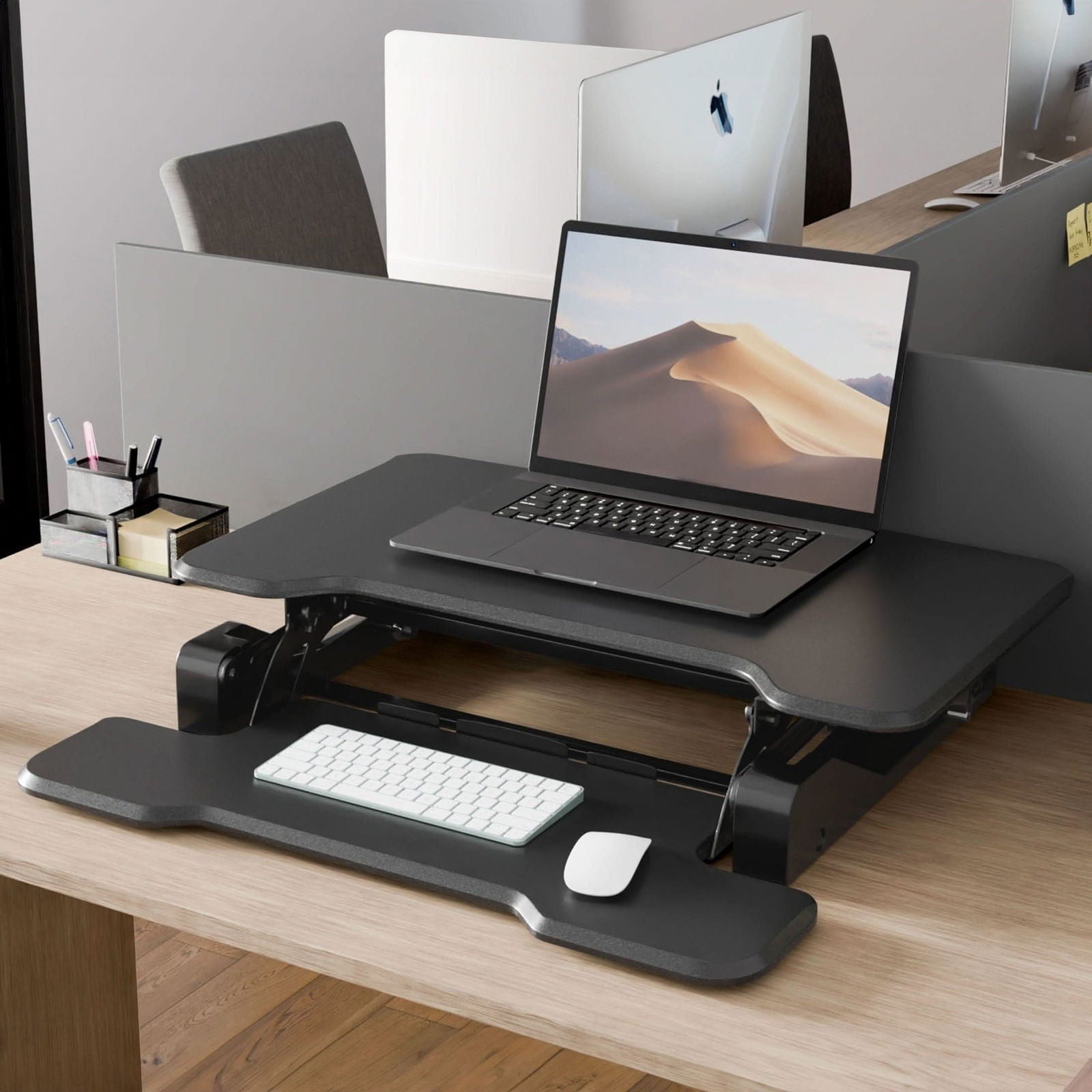 30'' Compact Standing Desk Converter – Height Adjustable Sit Stand Riser with Keyboard Tray, Gas Spring Lift – Ideal for Small Spaces, Home or Office, Black