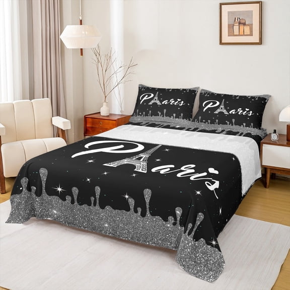 jejeloiu 3D Eiffel Tower Twin Sheet Sets,Romantic Paris Twin Fitted Sheet,Gray Black Flat Sheet For Men Women,Microfiber Bedroom Decor,3pcs
