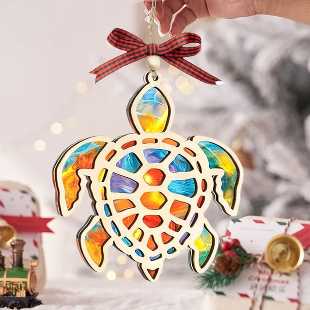 Llavero acrílico con tarjeta de cuento, diseño multicolor que capta la luz con tortuga marina y mariposa, regalo significativo para mujeres, decoración para árbol de Navidad, 12x10cm