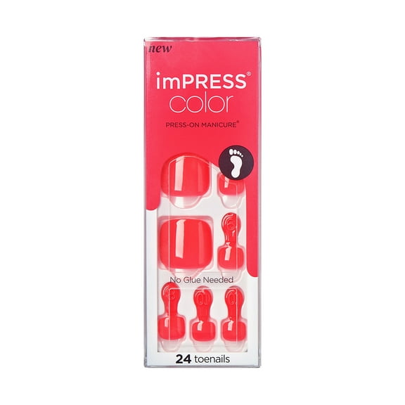 KISS imPRESS Color Press-On Pedicure Fake Toenails, Short, Square, Deep Red, 33 Ct.