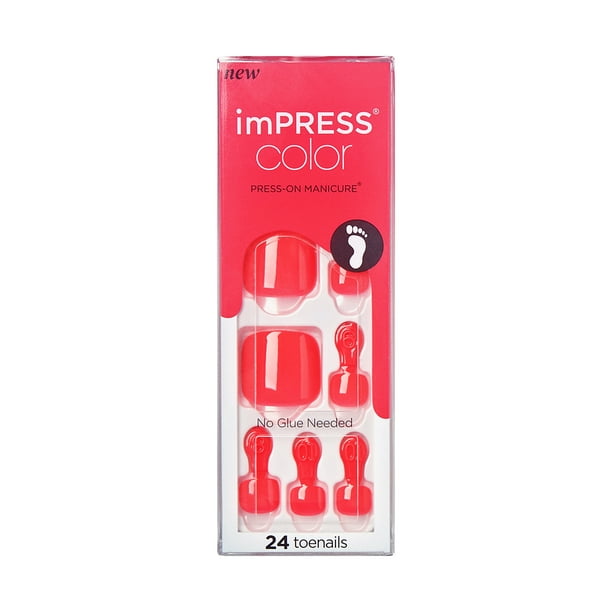 KISS imPRESS Color PressOn Pedicure Fake Toenails, Short, Square, Deep Red, 33 Ct.
