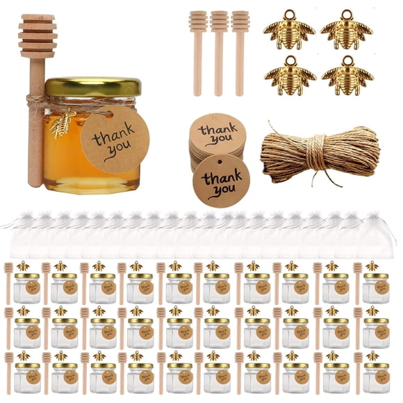 30 pcs Frascos para Miel, Mini Tarro de Miel Hexagonal de Cristal de 1.5 oz, con Cuchara para Miel, Colgantes de Abeja, Bolsa de Regalo Cuerda de Cáñamo y Etiqueta, para Regalos