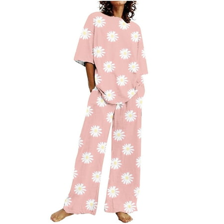 Virmaxy Womens Stylish Outfit 2 Piece Set Printed Round Neck Top + Pants Set Casual Two Piece Set Fashionable and Comfortable Short Sleeve Round Neck Top/Shirt Set Pink-C Xl