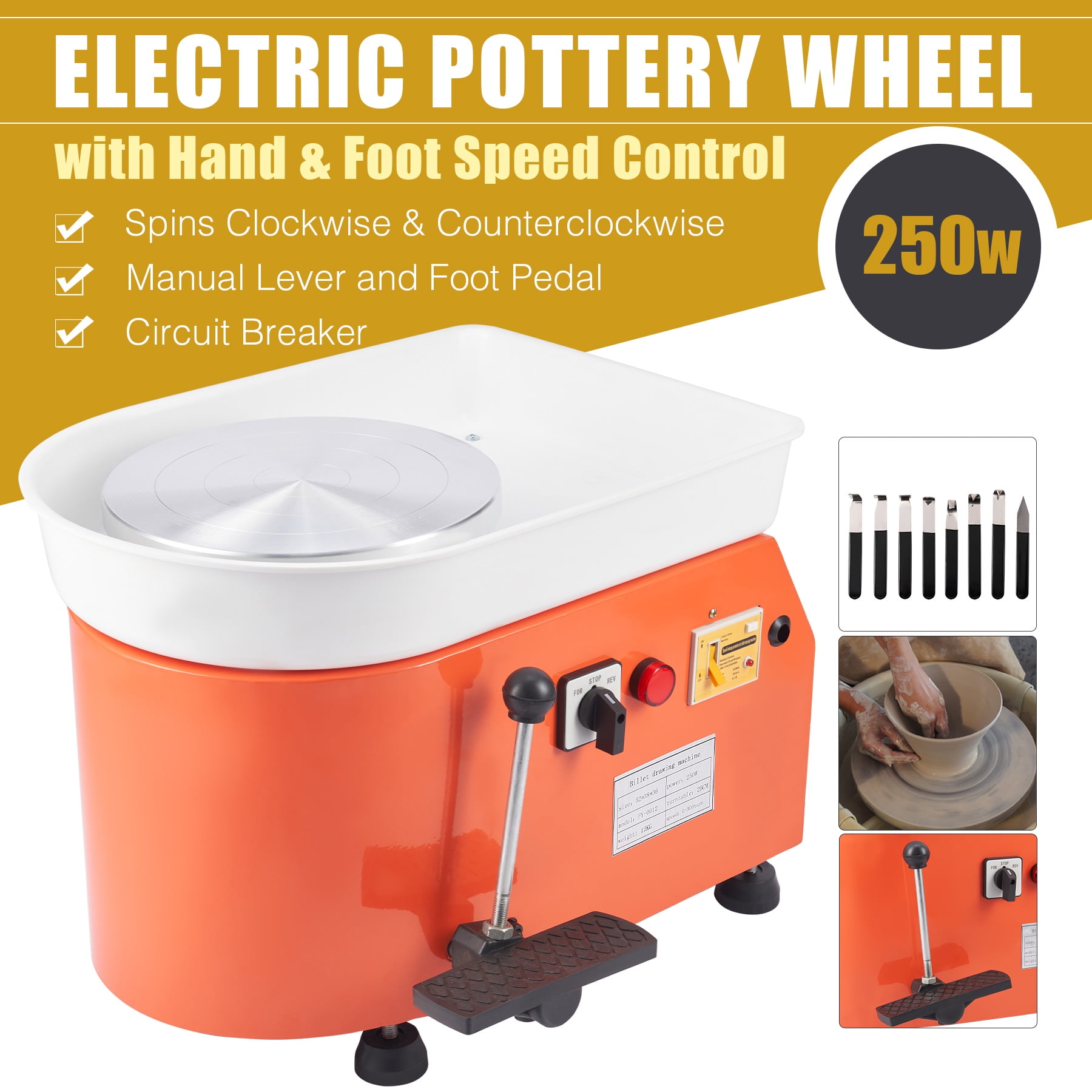 250W 110V Electric Pottery Wheel Machine Mud Blocking Manual Sponging Tool US 
