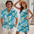 thumbnail image 2 of Jeiento Matching Hawaiian Outfits for Couples Mens Button Down Shirt Womens Hawaiian Dresses Plumeria Couple Matching Outfits Loose Fit Tiered Tank Dresses, Blue, 2 of 6