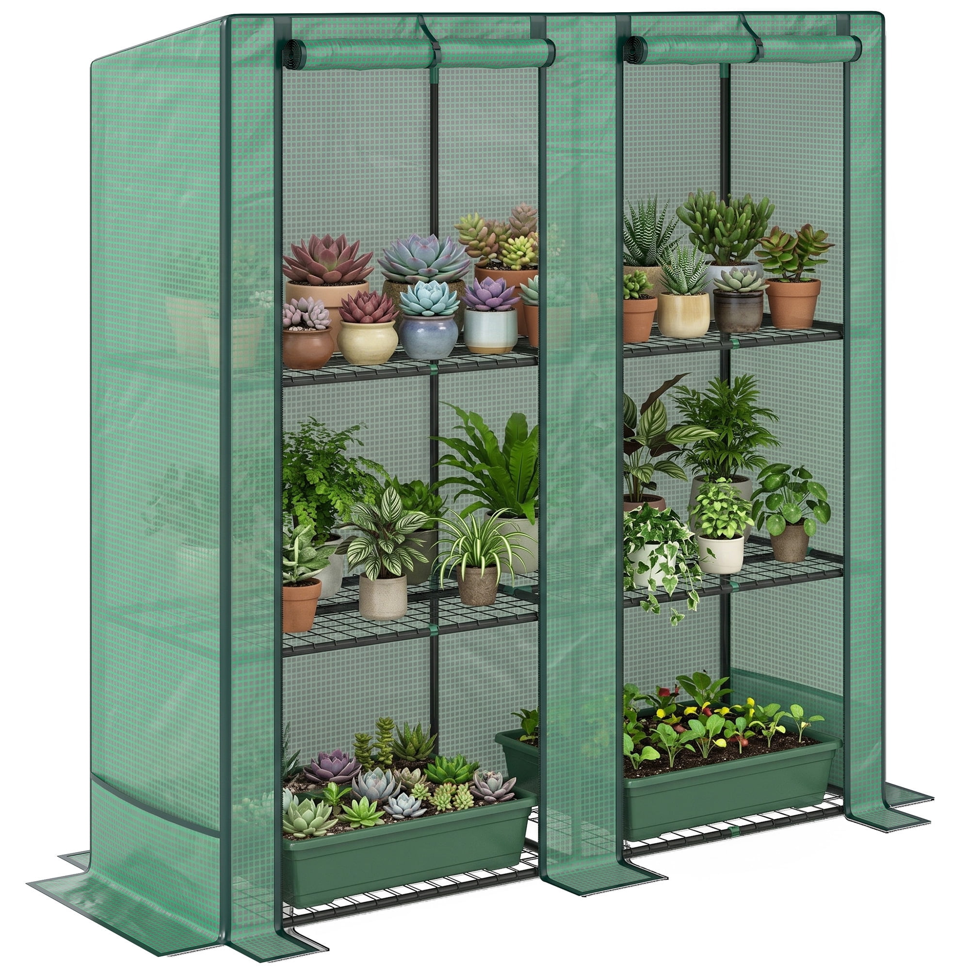 Outsunny 3 Tire Lean-to Greenhouse, Portable Small Greenhouse with PE Cover, 2 Roll-Up Zippered Doors, Green