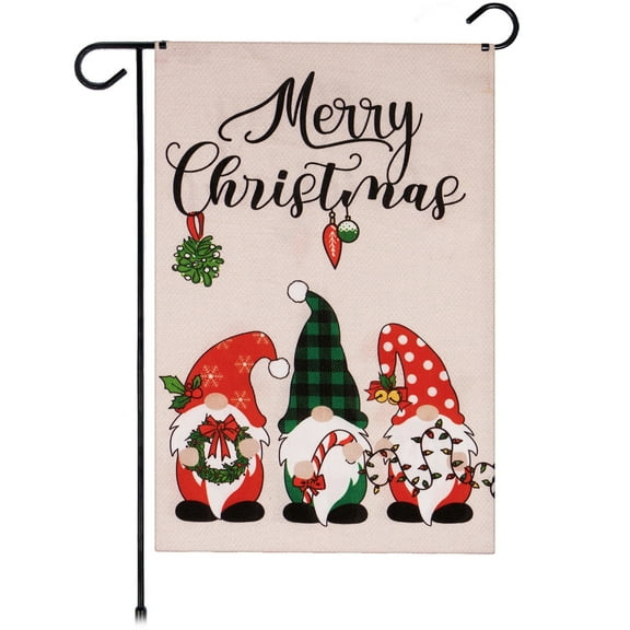 G128-12"x18" Double-Sided Christmas Garden Flag Three Festive Gnomes Burlap Fabric