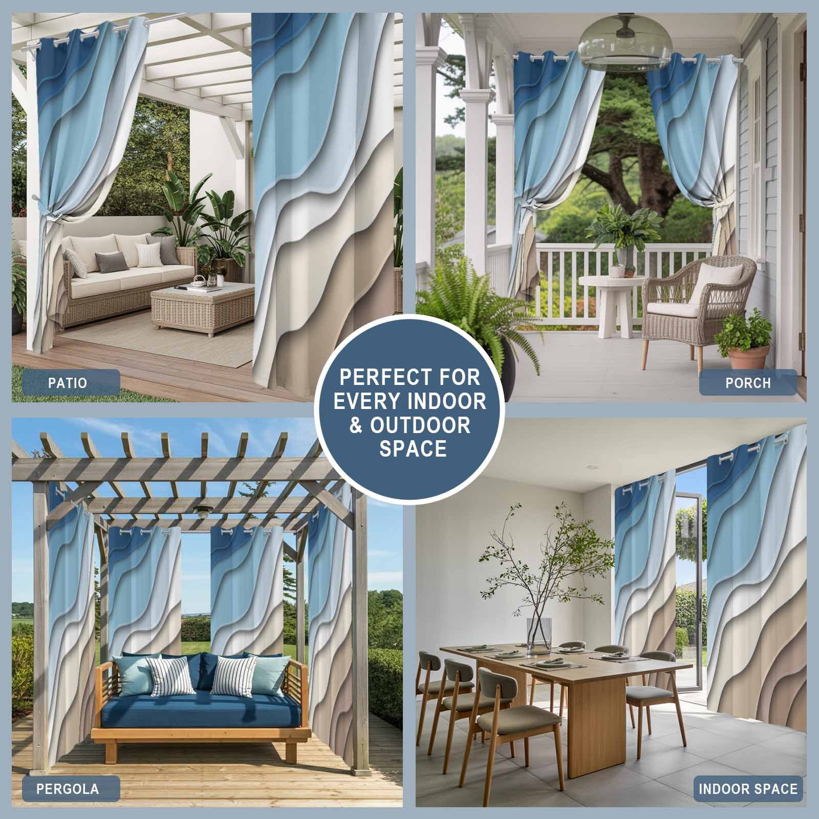 Outdoor Curtains for Patio Waterproof, Navy Blue Brown Ombre Windproof Pravicy Outside Porch Blackout Curtain, Modern Geometric Abstract Cream Sun Blocking Grommets Curtains for Cabana 54"x108"