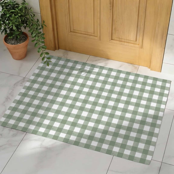Sage Green Buffalo Plaid Door Mat, Non Slip Bathroom Rugs, Farmhouse Green White Checkered Absorbent Floor Mats, Washable Runner Rug Indoor Doormat for Front Door Entrance, Patio, Garage 16"x24"