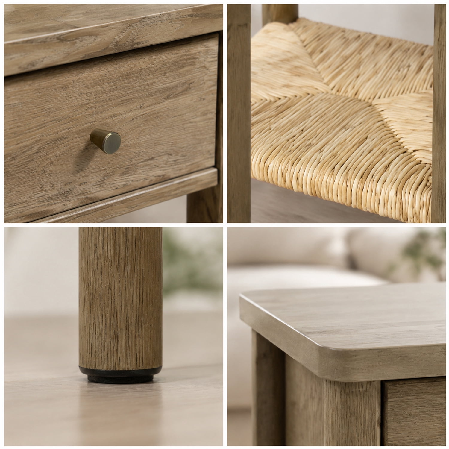 Nightstand Side Table 15.75 Inch, Solid Wood Round Legs with Woven Jute Storage Shelf and Drawer for Bedroom Living Room, Antique Grey