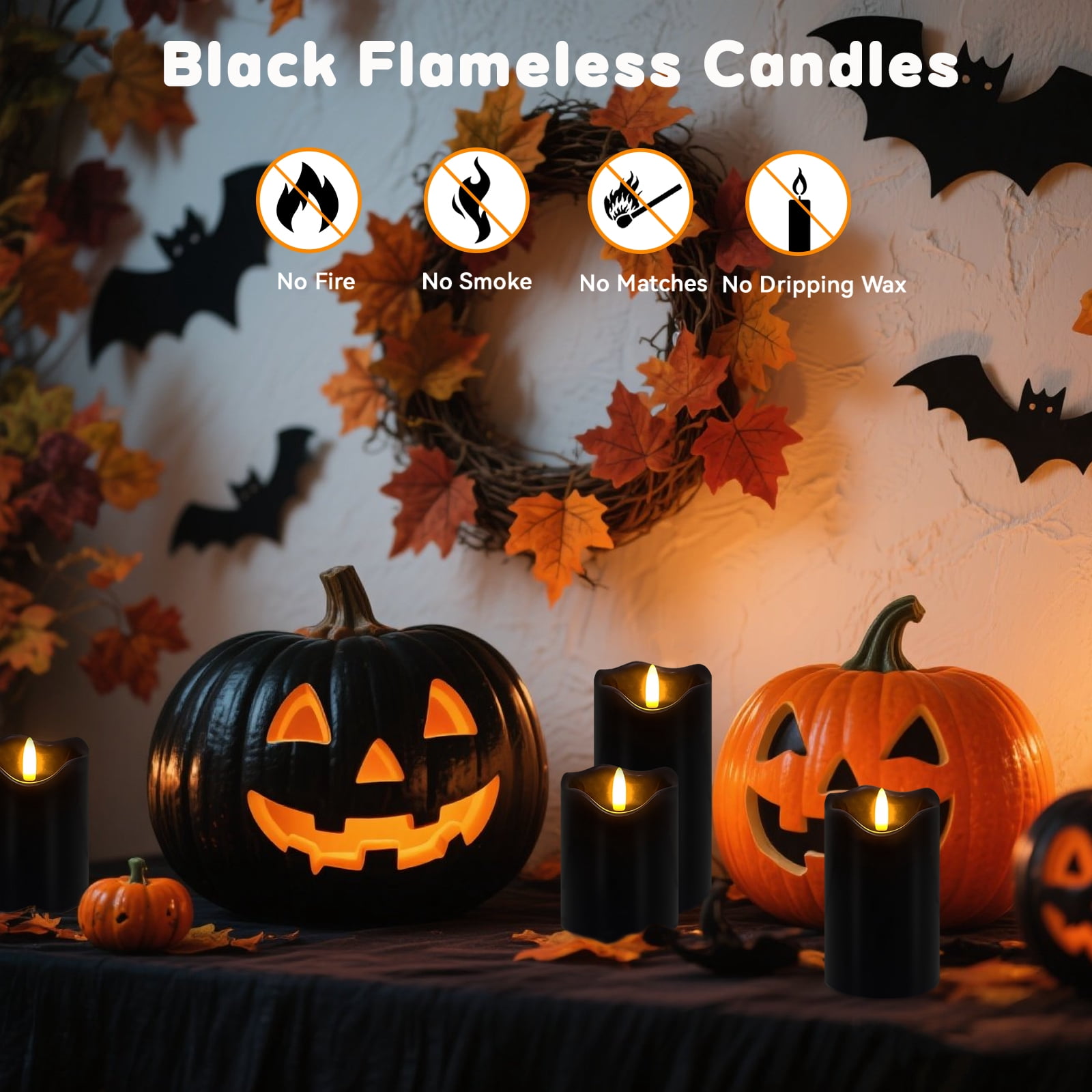 Flameless Candles Light, Set of 3 Flickering LED Candles with Remote & Timer, Dimmable Real Wax Electric Pillar Candles Battery Operated, Black Flameless Candles for Home Halloween Decor