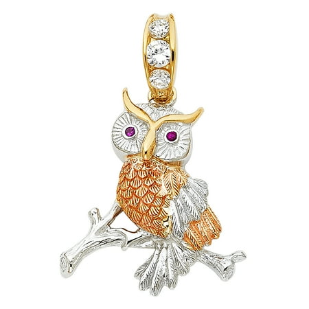 Tri Color Owl - FB Jewels 14K White Yellow And Rose Tri Color Gold Cubic Zirconia CZ Owl Pendant 30mm X 29mm