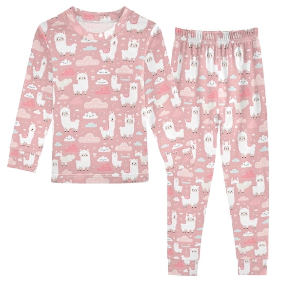 Christmas Pajamas Funny Llama and Clouds on A Pink Background Cute Comfortable Cotton Two-piece Christmas Pajamas Set