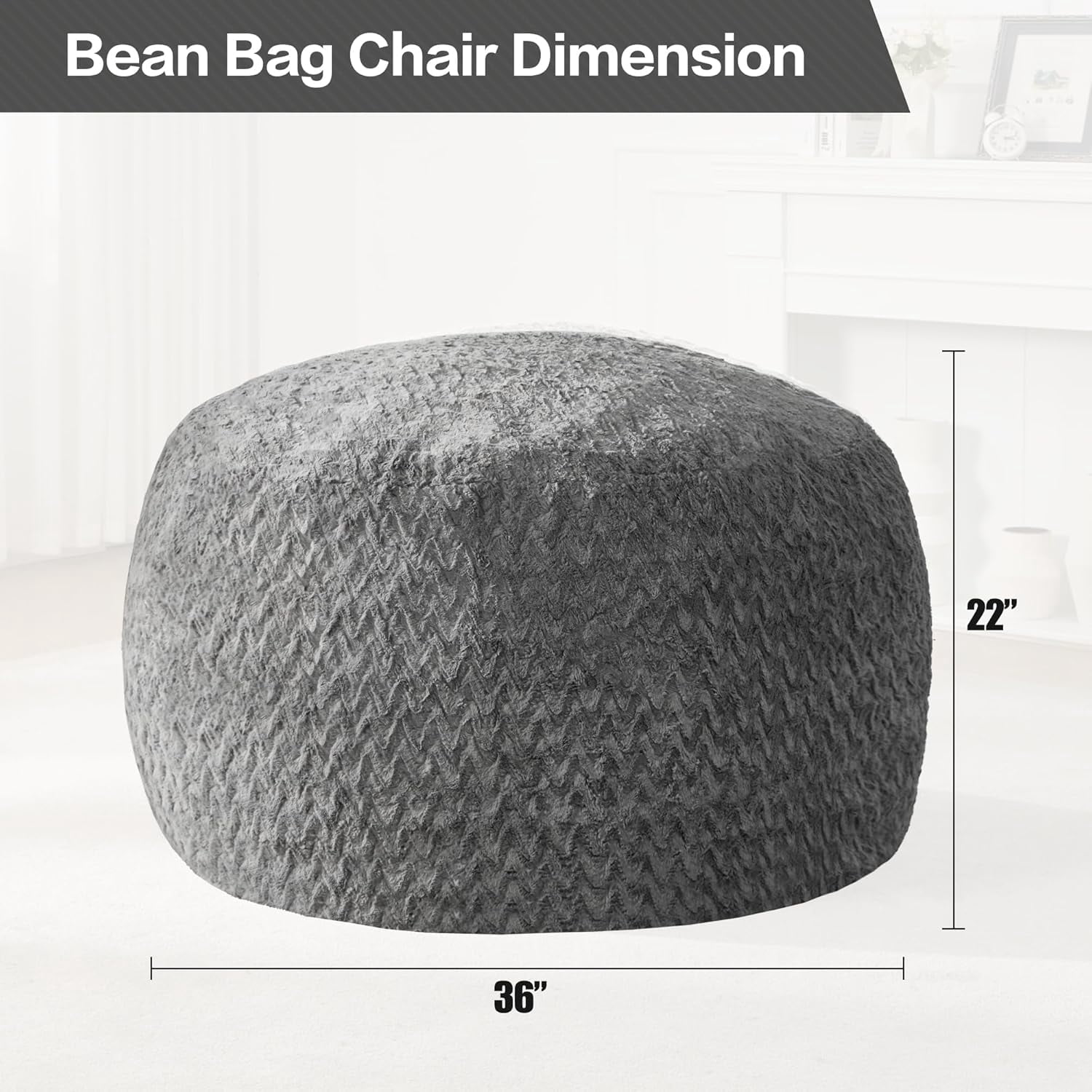 3ft Bean Bag Chairs for Adults Large Beanbag Chair with Chevron Plush Fur Cover Big Bean Bag Chair for Living Room Bedroom Dorm Office - Black (36” x 36” x 22”)