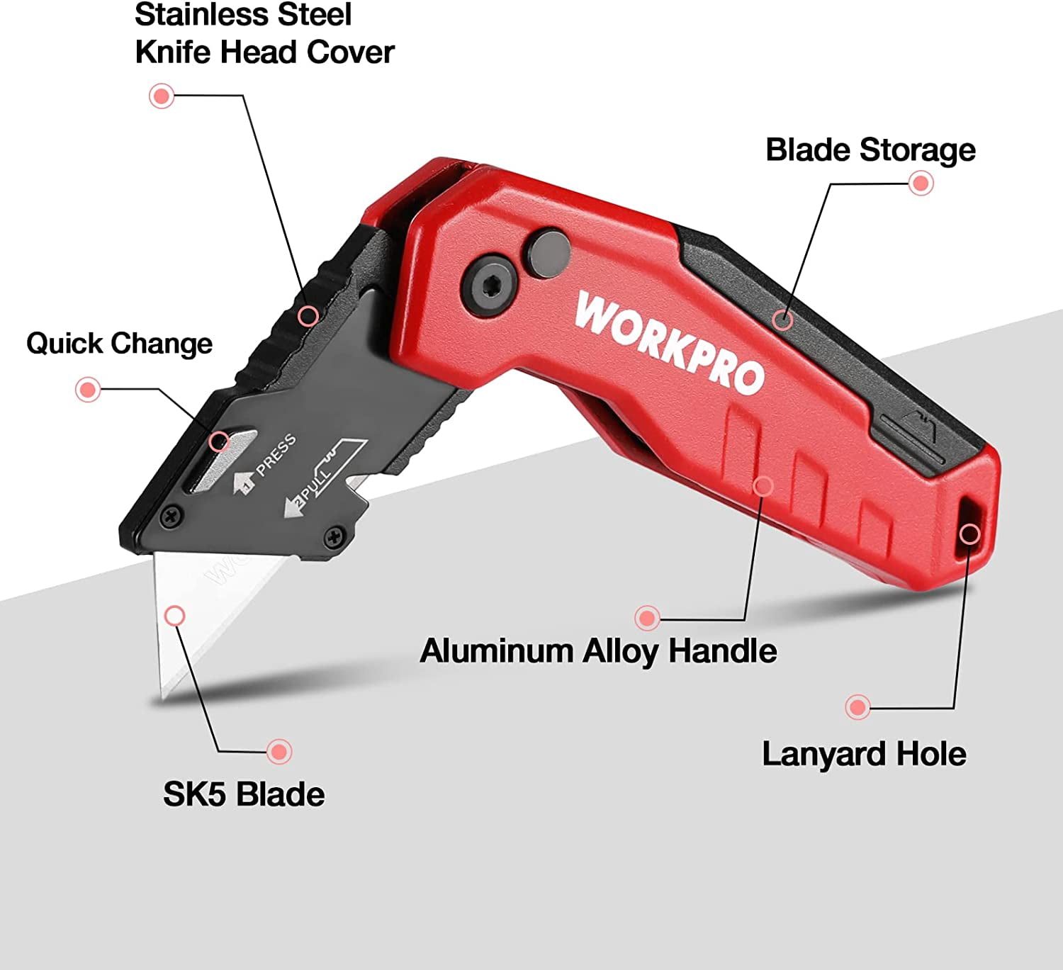 Folding Utility Knife, Quick Change Box Cutter, Razor Knife for Cartons, Cardboard, Boxes, Blade Storage in Aluminum Handle, 13 Extra Blades Included (Red)