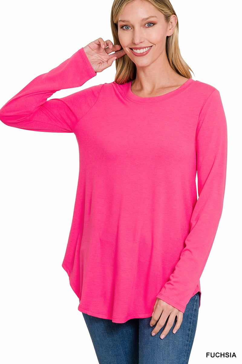 Zenana Women And Plus Relaxed Fit Long Sleeve Round Neck And Hem Jersey Tee Shirt Top